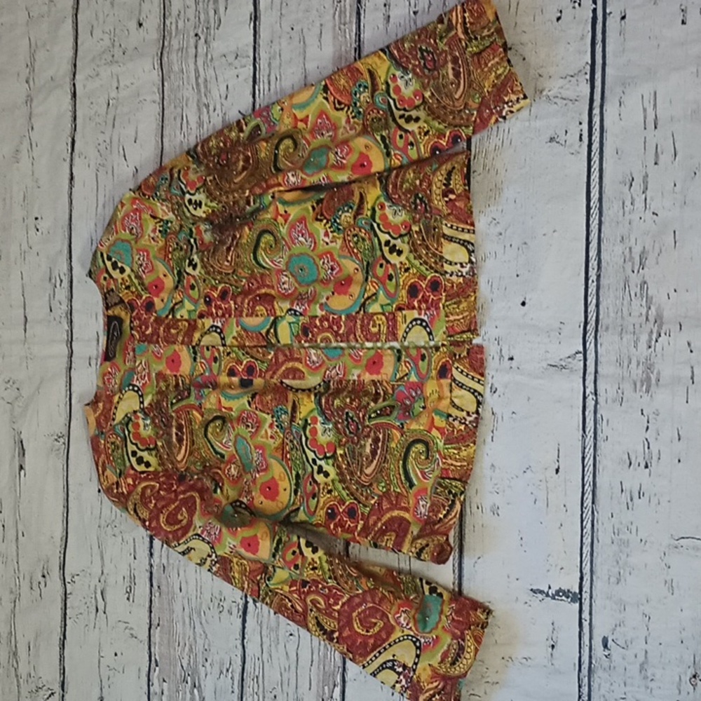 Alex Kim Orange Green Paisley Print Beaded Art To Wear Cotton Open Blazer M